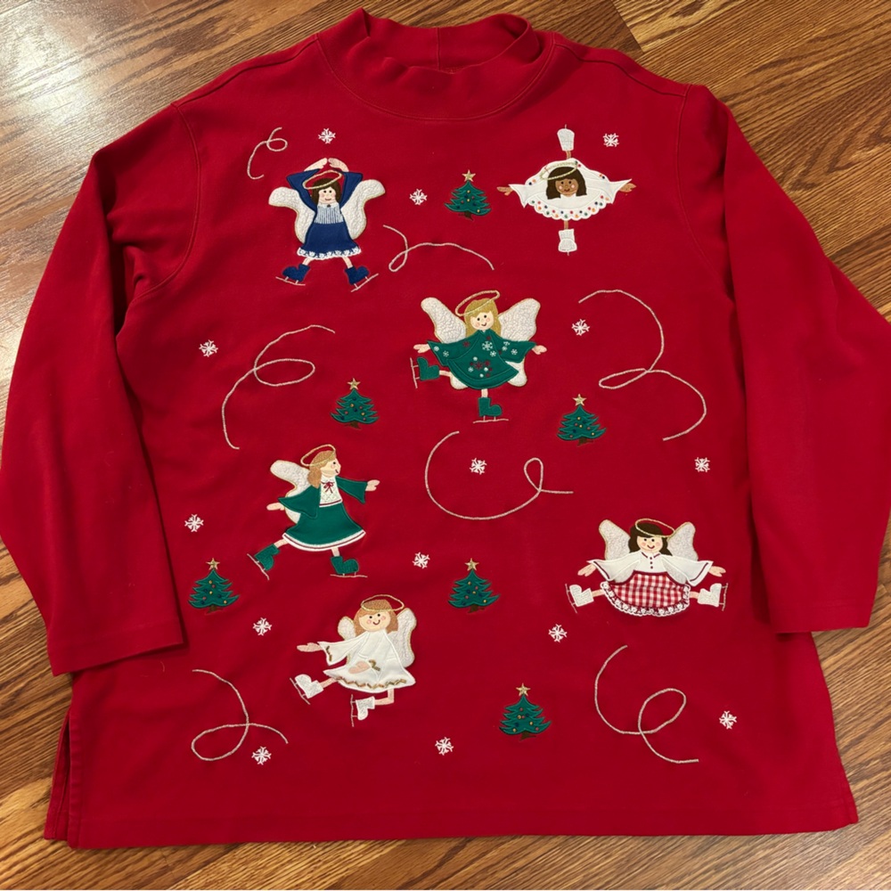 Vtg Bechamel Christmas Mock Neck Cotton Top/Shirt with Angels & Trees Appliqué